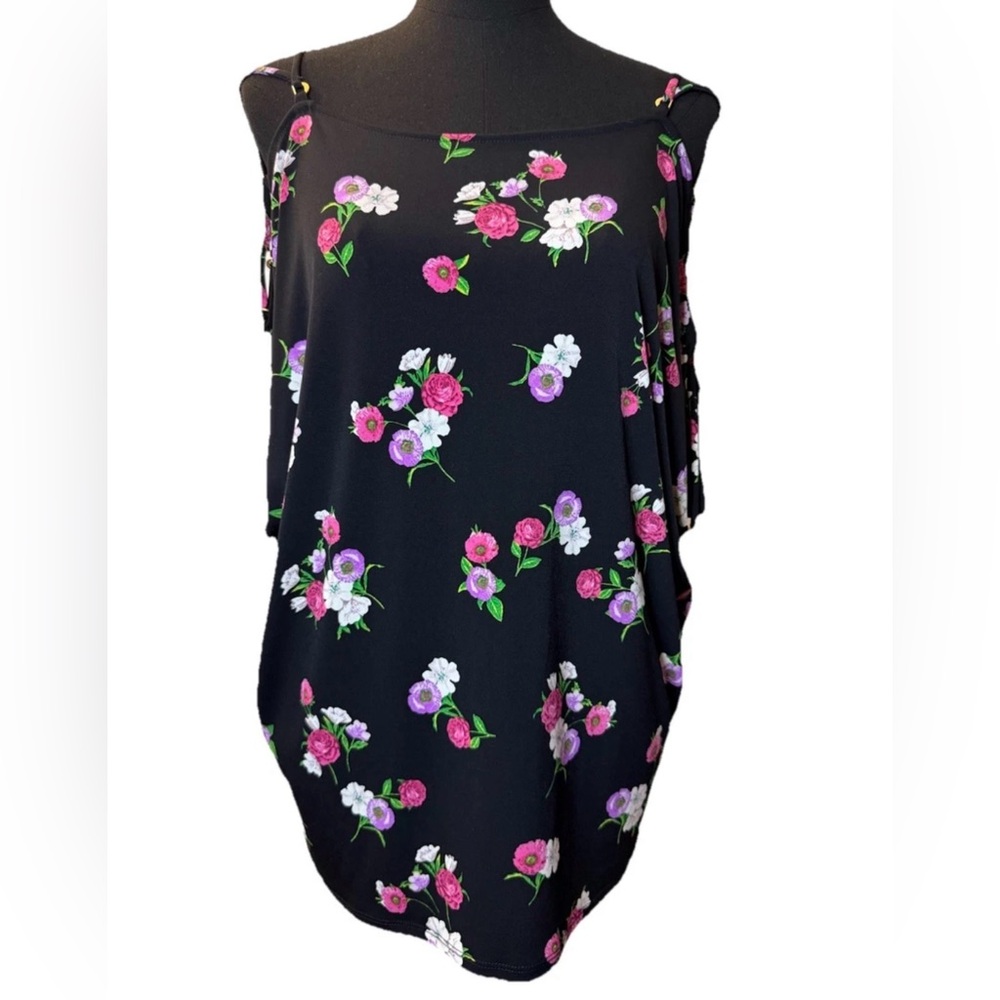 Express Women's Floral Multicolor Cold Shoulder Blouse, Tie Sleeves, Medium
